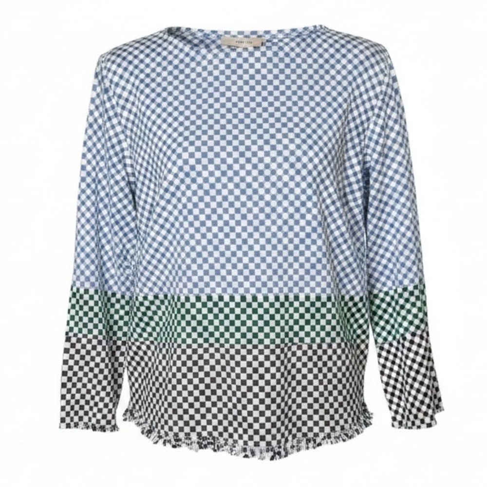 Marella Checkered Gingham Blouse Women Size 6 Blue Green Black Frayed Hem Top